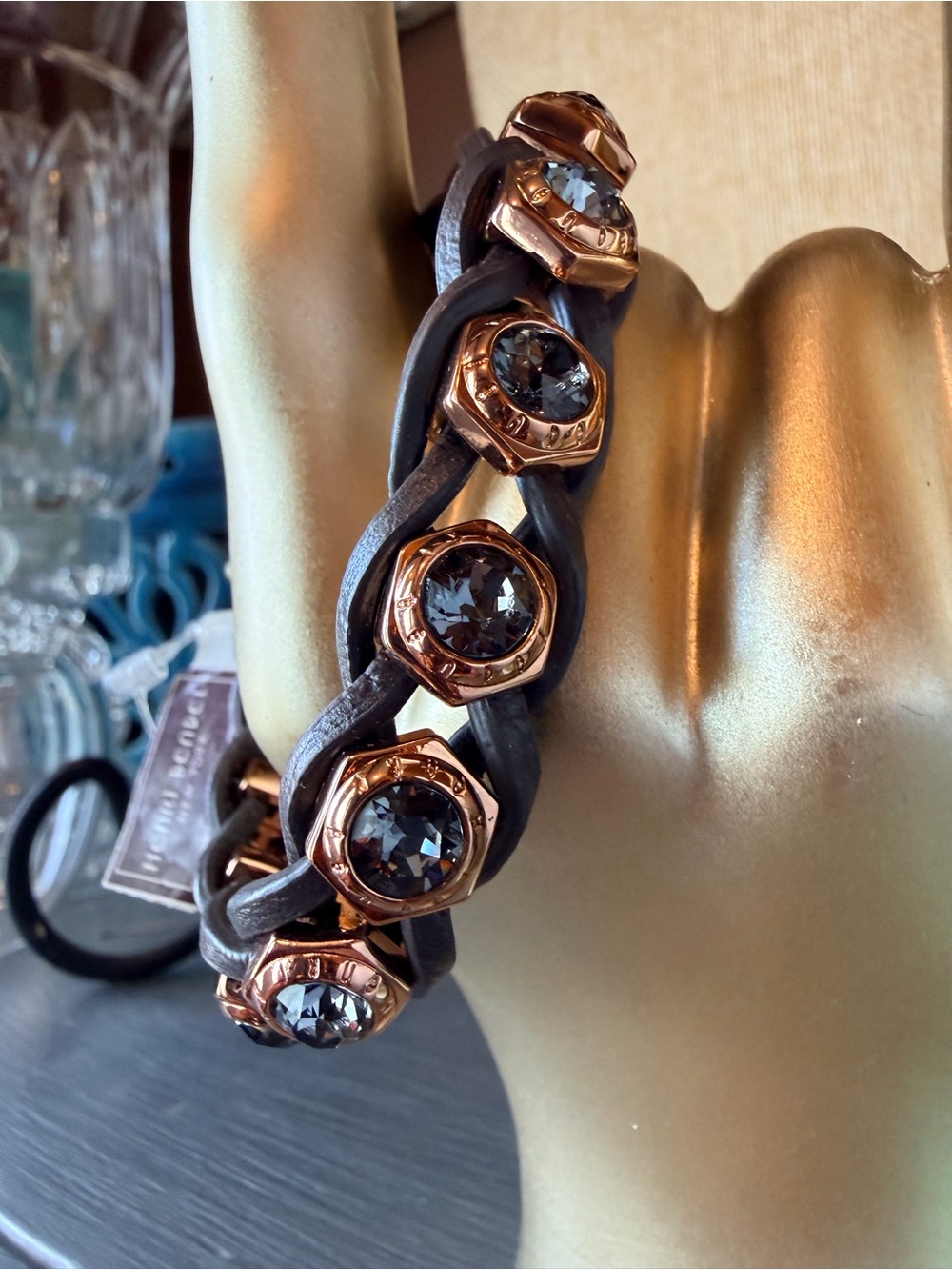 Vintage Henri Bendel Swarovski Crystal Leather Bracelet - Picture 5 of 9